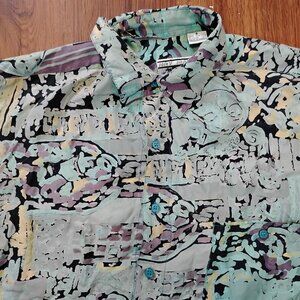 Vintage Hey Man Abstract Silk Button Shirt Short Sleeve